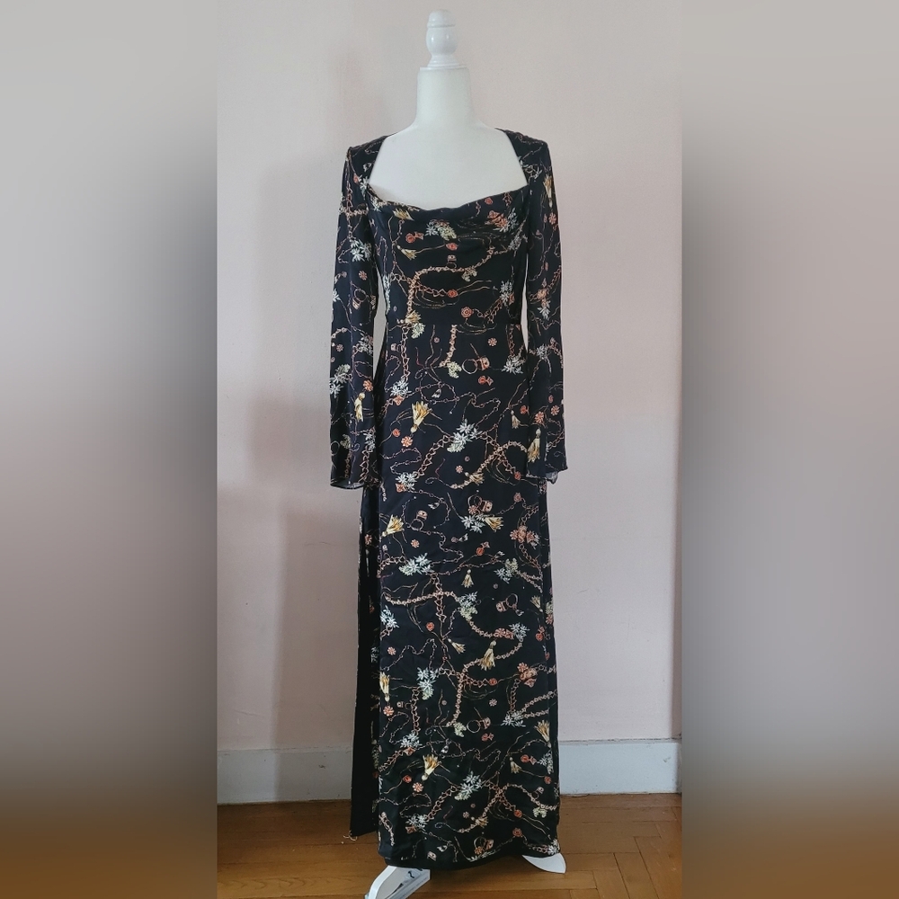 FAME & PARTNERS Black Gold Tassels Chains Print Bell Sleeved Ceramic Gown US